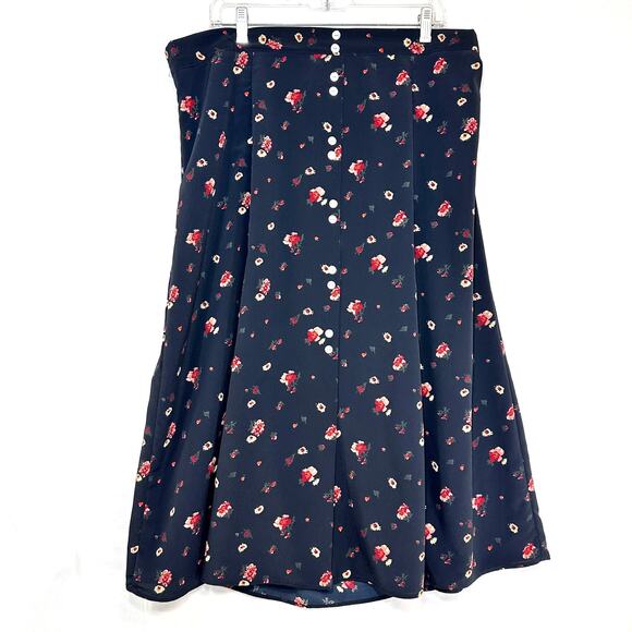 VTG‎ TR Bentley Plus 24 Black Red Floral Midi Skirt Summer Resort Cottage Fairy - Picture 1 of 9